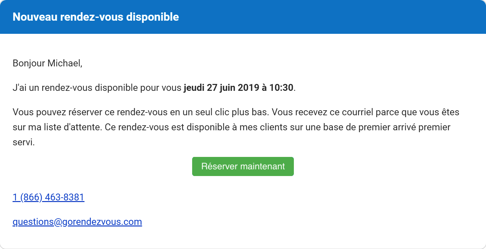 Un email proposant un rendez-vous à un client sur la liste d'attente