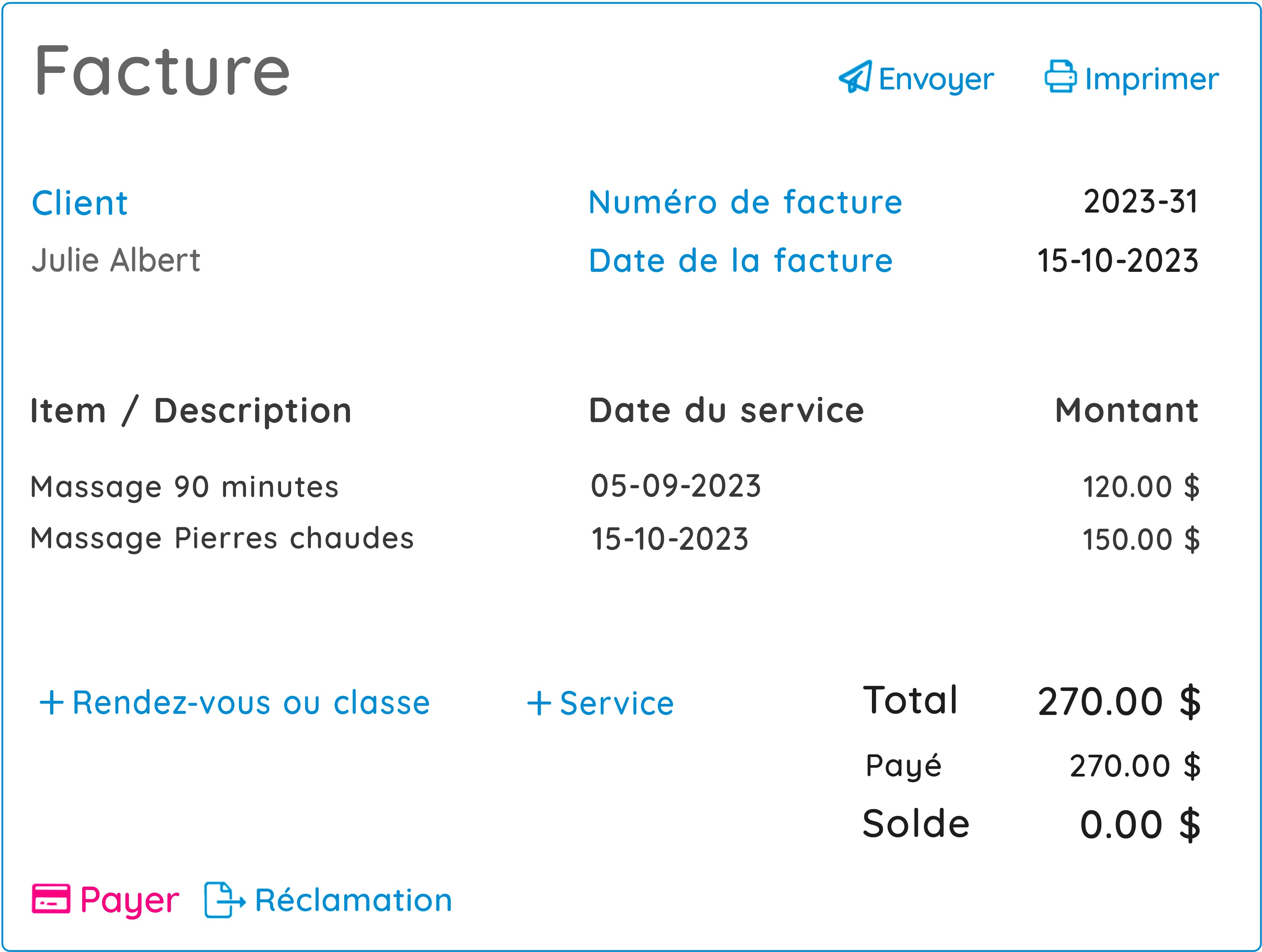 Reçu GOrendezvous pour services rendus par un massothérapeute